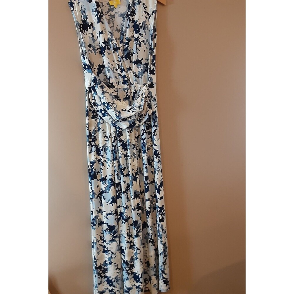 Liz Lange Womens Knit Dress Size Large Blue Multi Floral Sleeveless Wrap Front